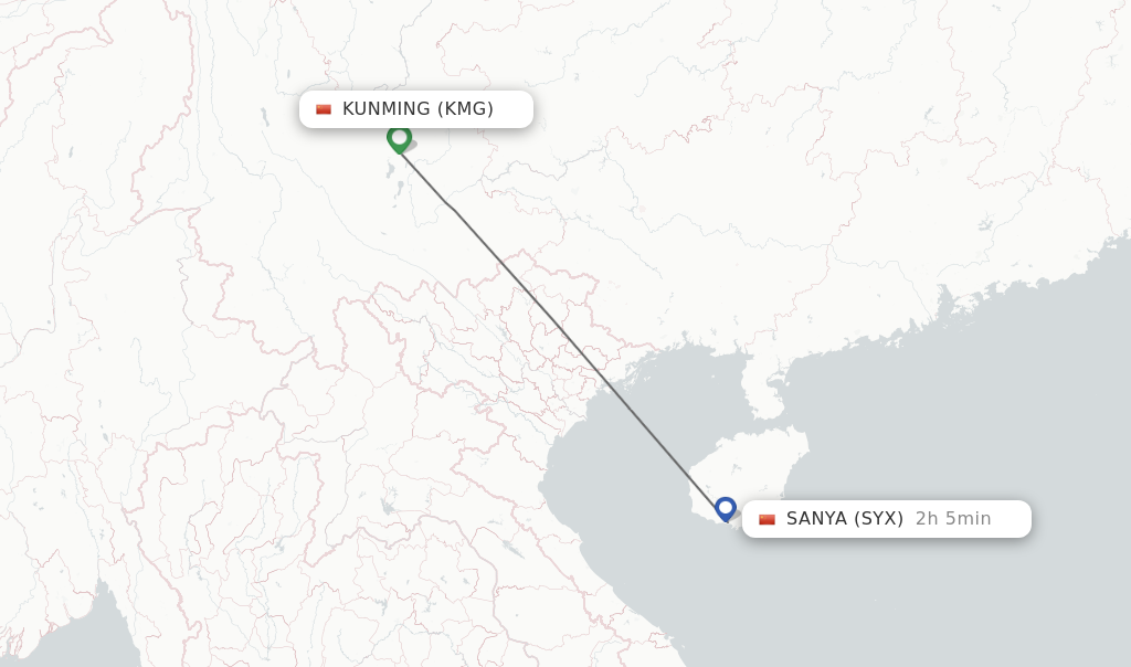 Flights from Kunming to Sanya route map