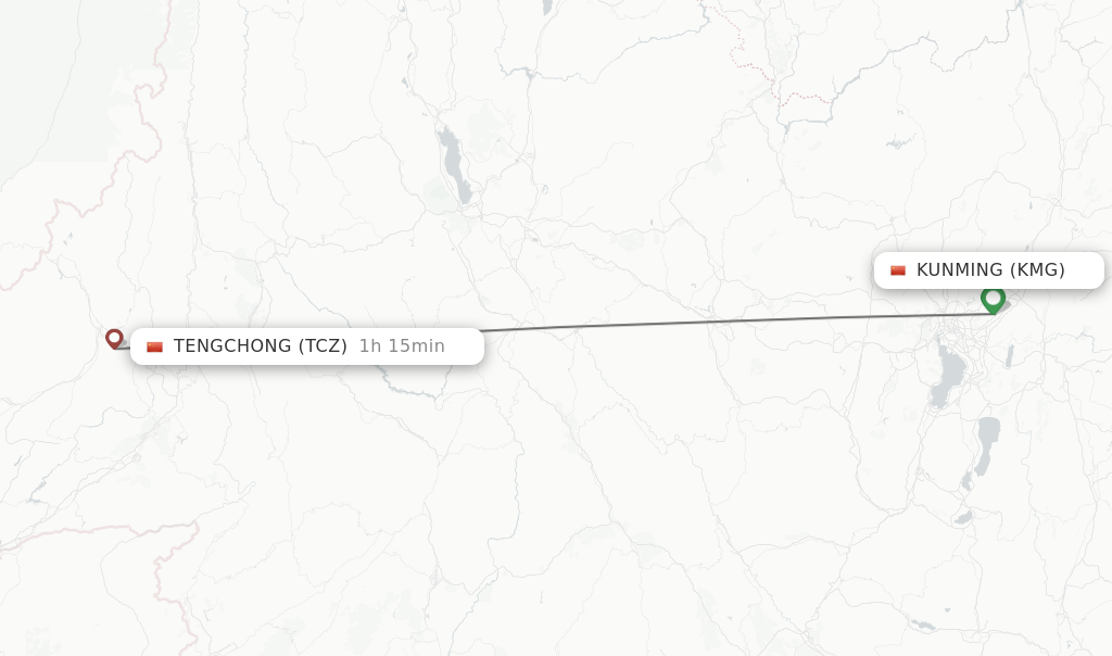 Flights from Kunming to Tengchong route map