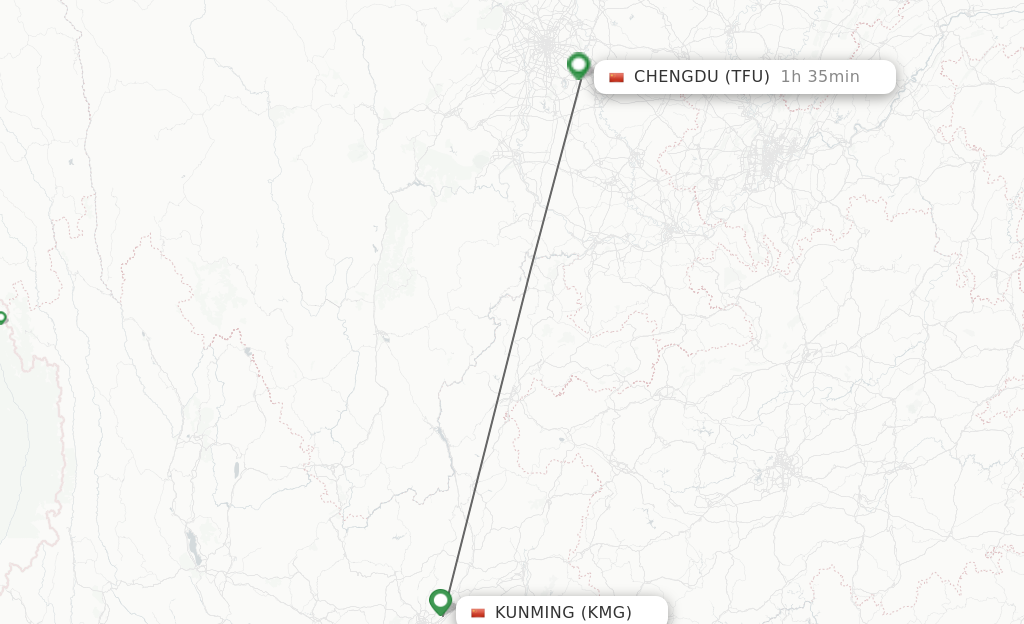 Flights from Kunming to Chengdu route map