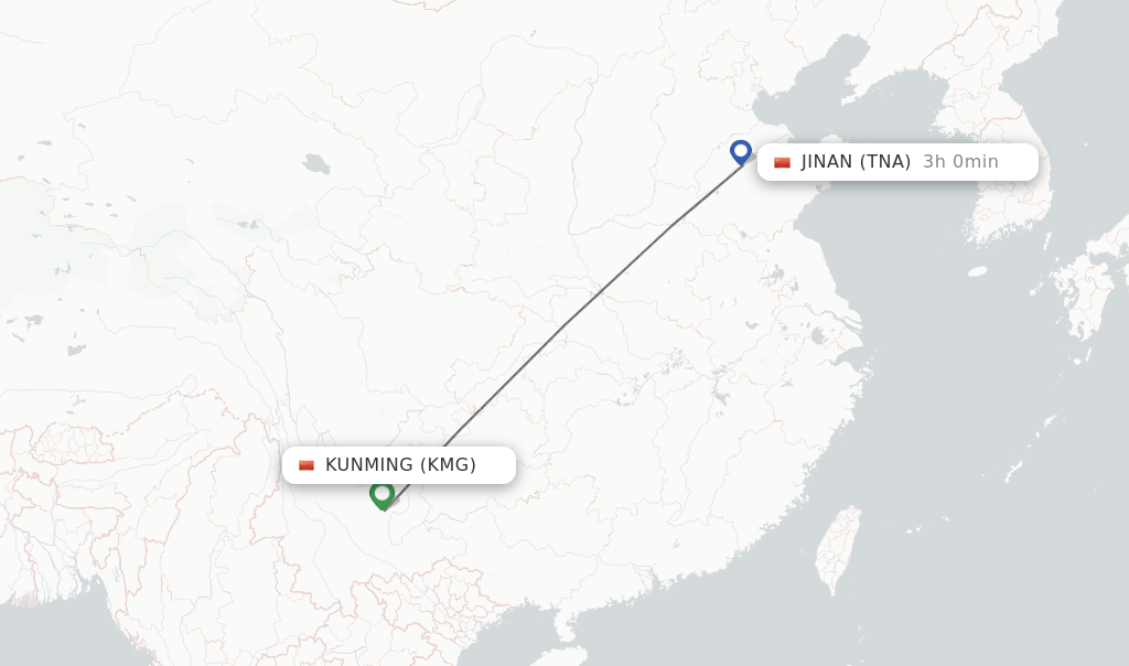Flights from Kunming to Jinan route map