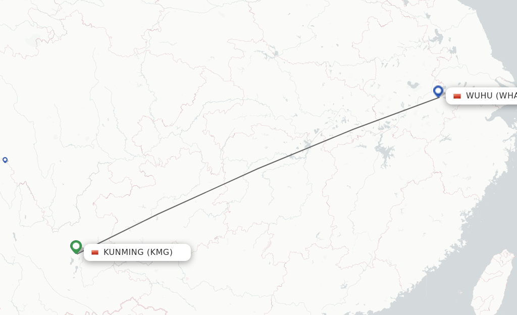 Flights from Kunming to Wuhu route map