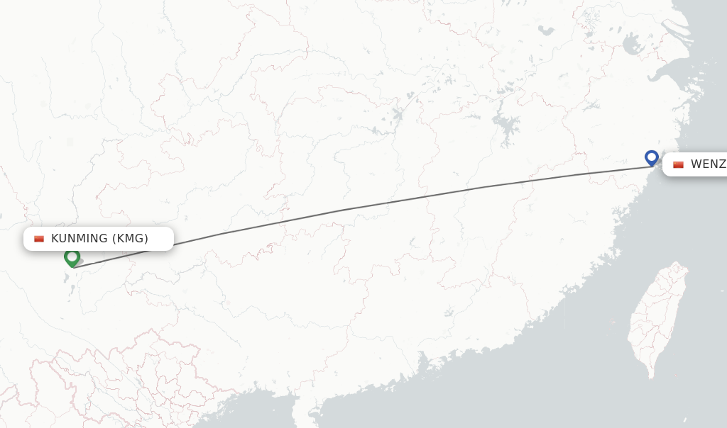 Flights from Kunming to Wenzhou route map