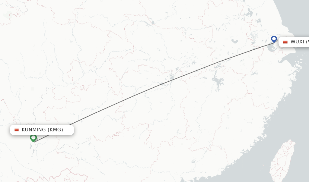 Flights from Kunming to Wuxi route map