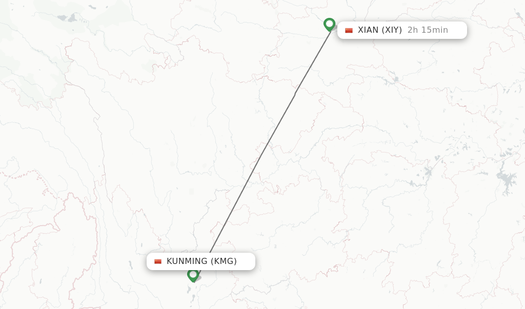 Flights from Kunming to Xian route map