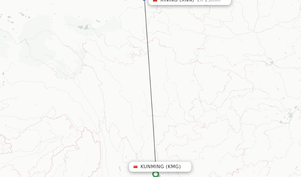Flights from Kunming to Xining route map