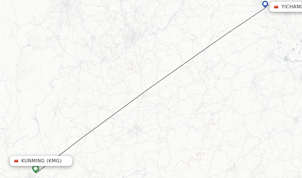 Flights from Kunming to Yichang route map