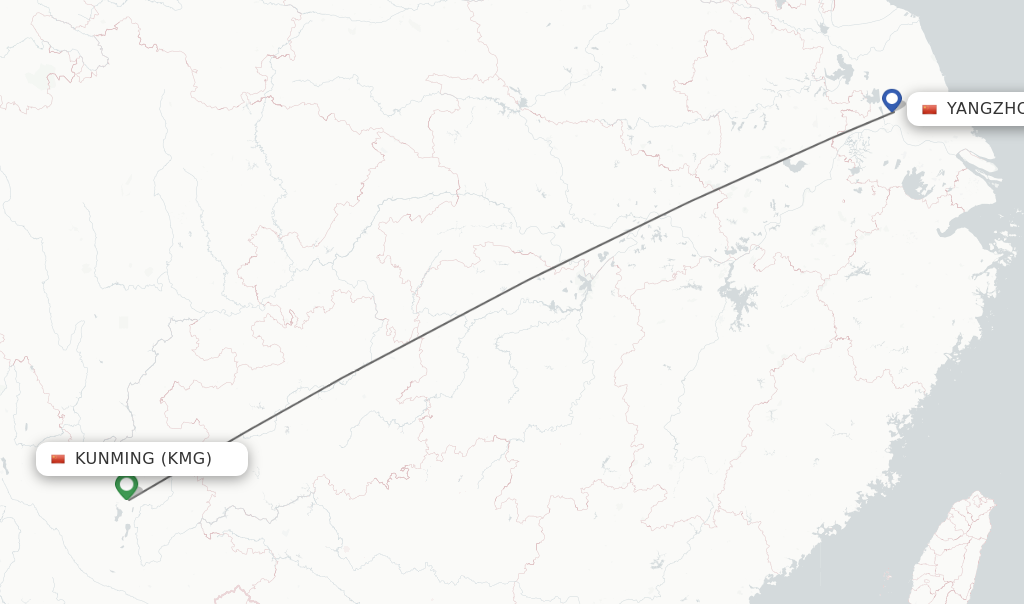 Flights from Kunming to Yangzhou route map