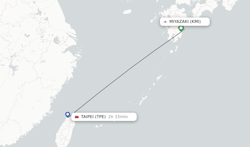 Flights from Miyazaki to Taipei route map
