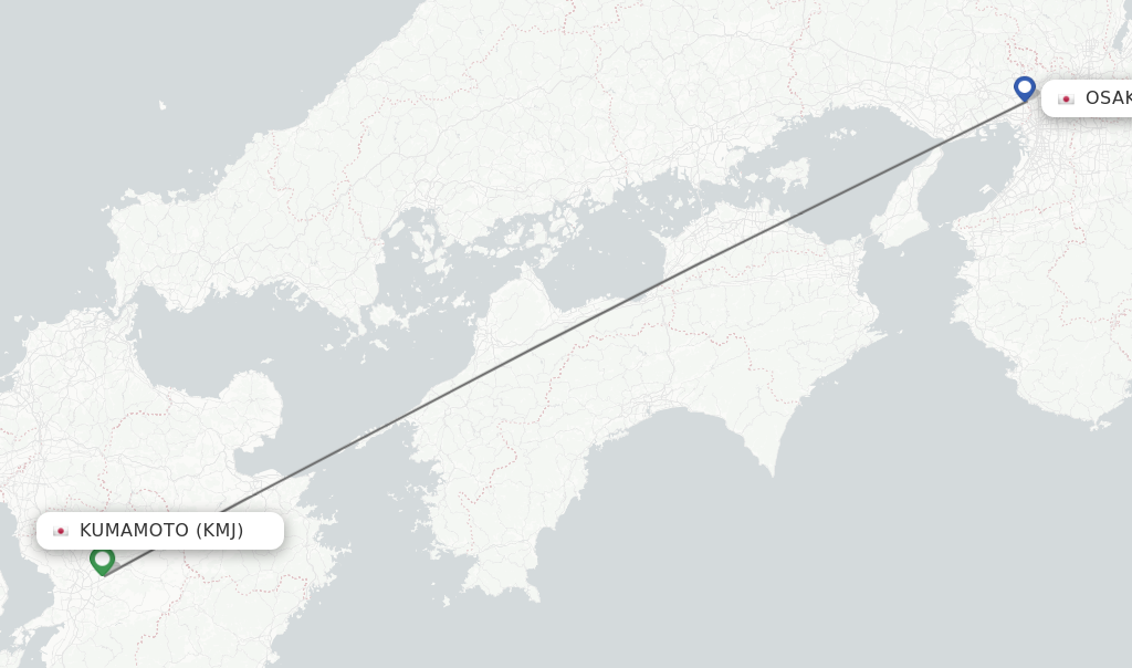 Flights from Kumamoto to Osaka route map