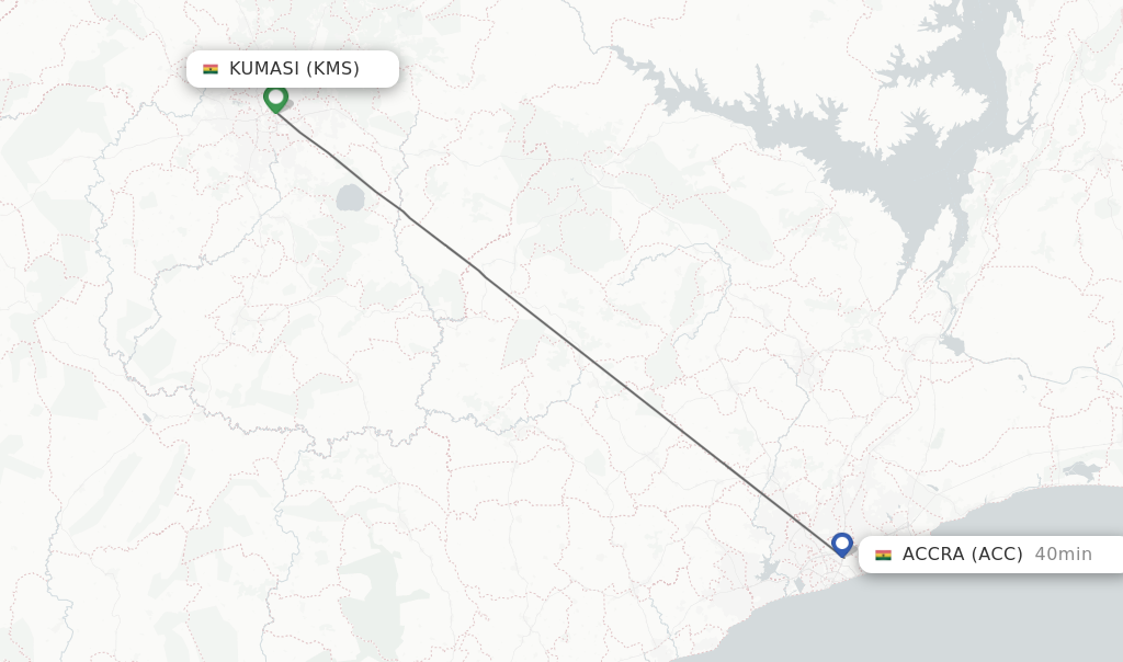 Flights from Kumasi to Accra route map
