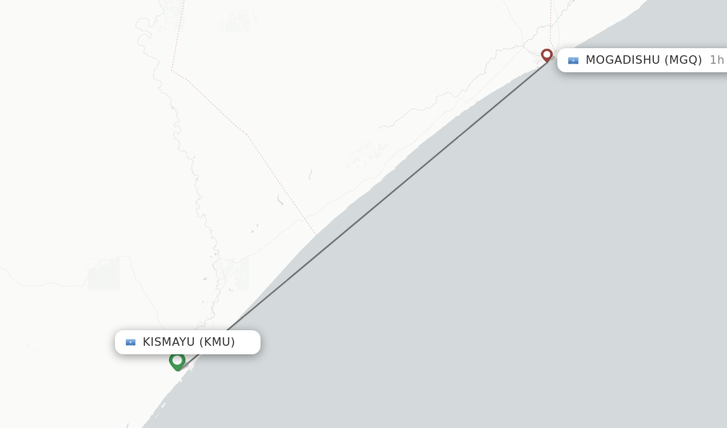 Flights from Kismayu to Mogadishu route map