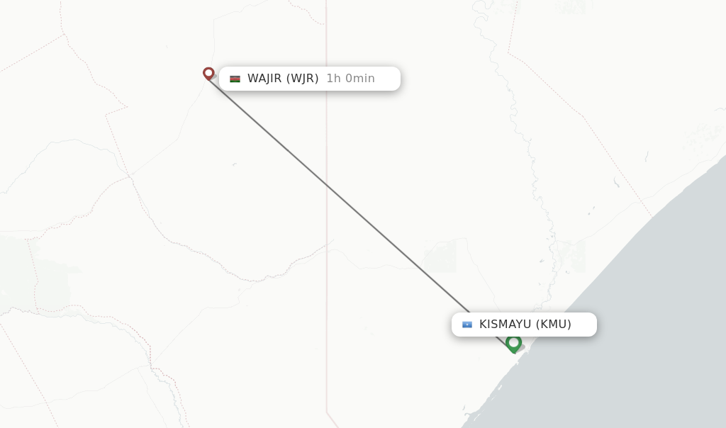 Flights from Kismayu to Wajir route map