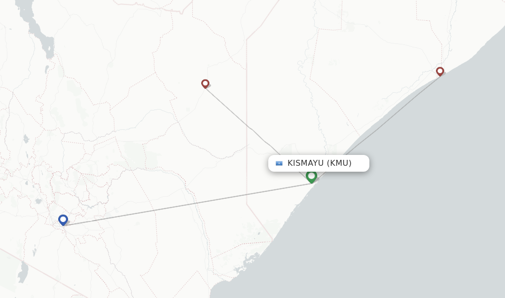 Flights from Kismayu to Nairobi route map