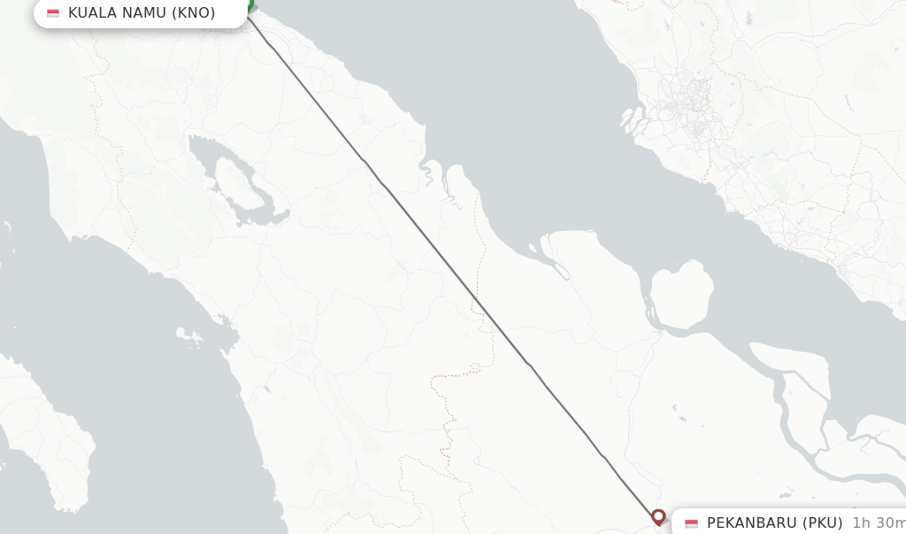 Flights from Kuala Namu to Pekanbaru route map