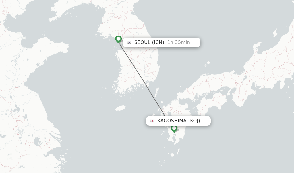 Flights from Kagoshima to Seoul route map
