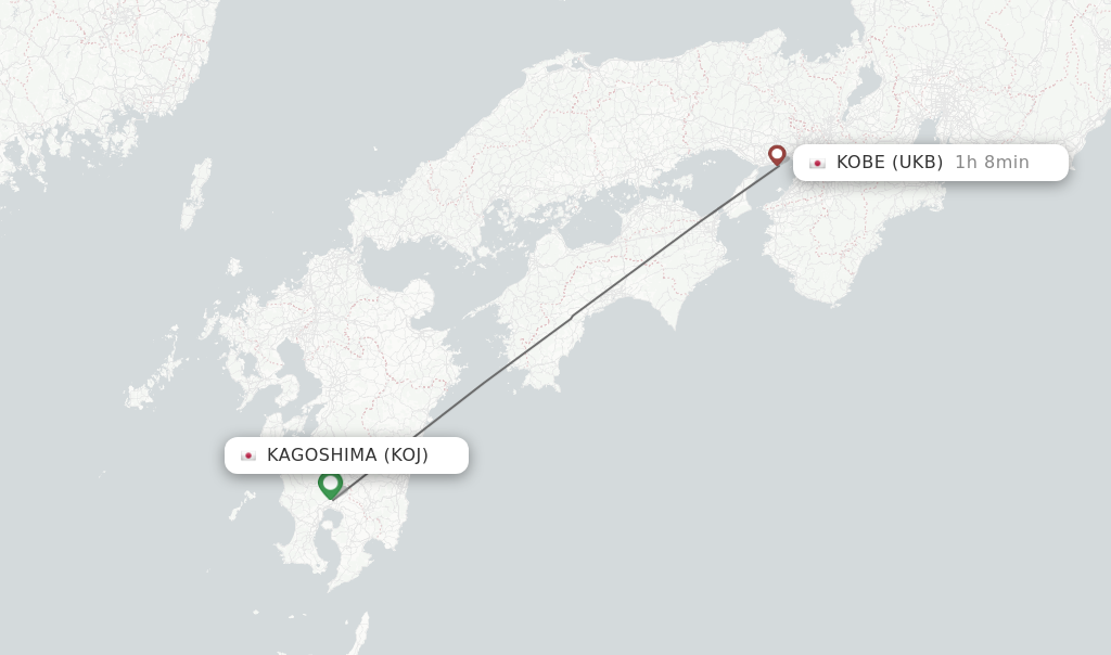 Flights from Kagoshima to Kobe route map