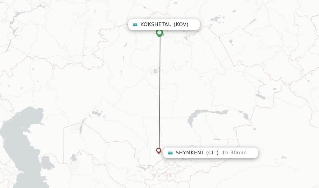 Flights from Kokshetau to Shymkent route map