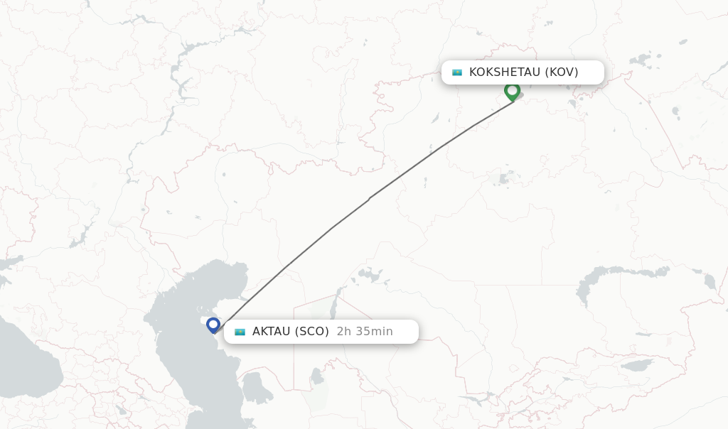 Flights from Kokshetau to Aktau route map