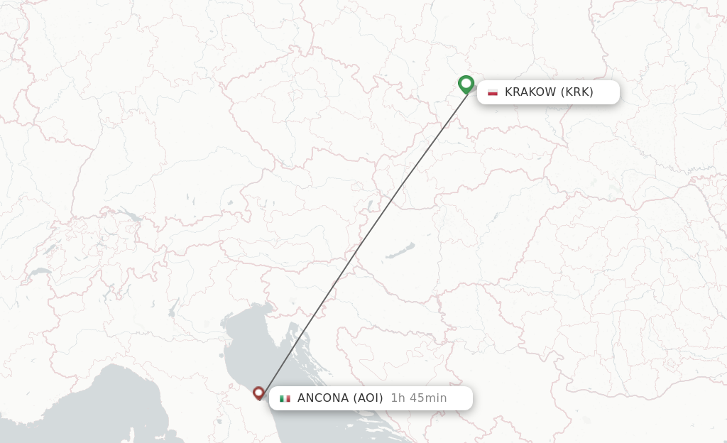 Flights from Krakow to Ancona route map