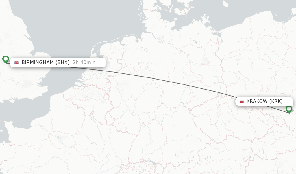 Flights from Krakow to Birmingham route map