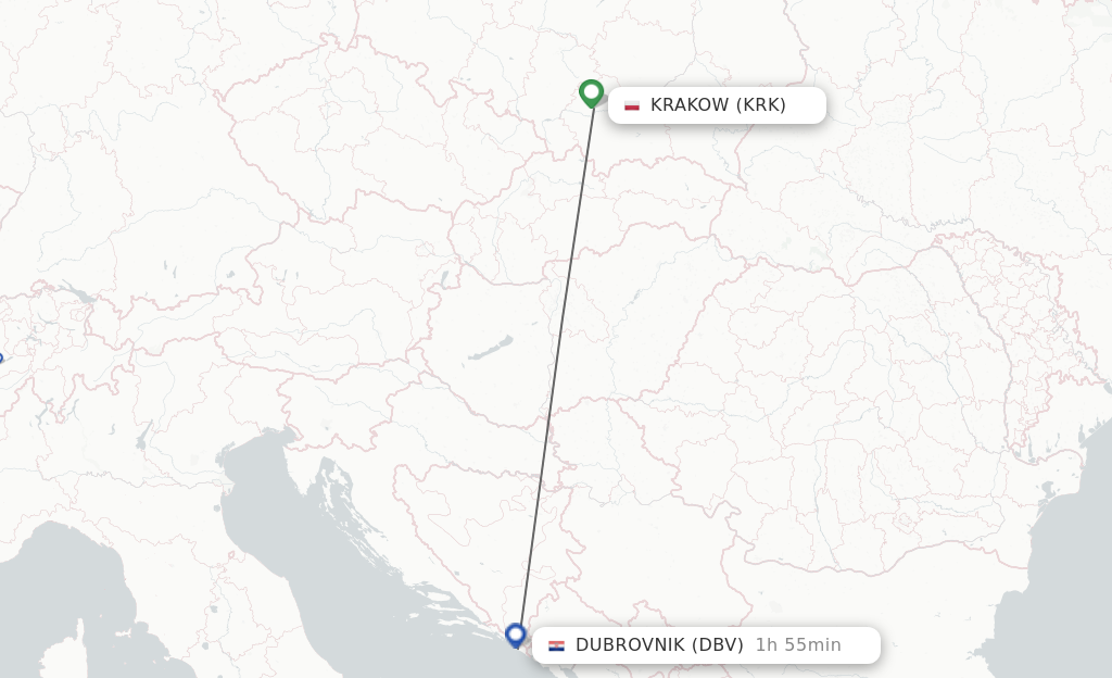 Flights from Krakow to Dubrovnik route map
