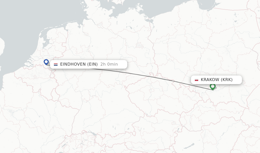 Flights from Krakow to Eindhoven route map