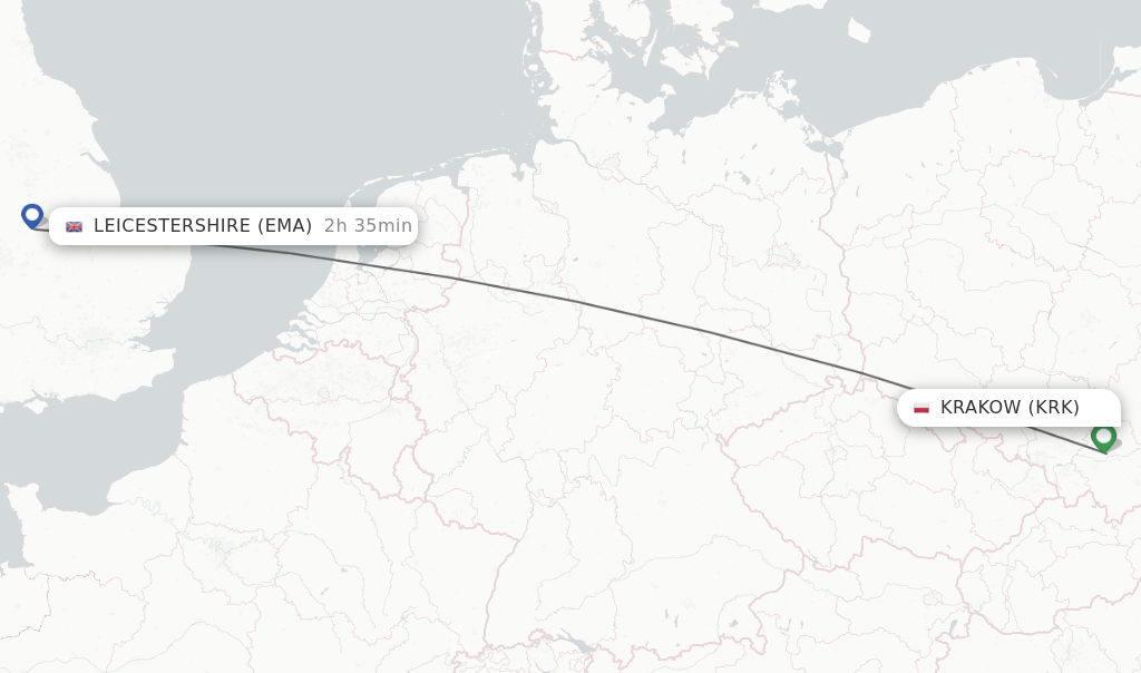 Flights from Krakow to Leicestershire route map
