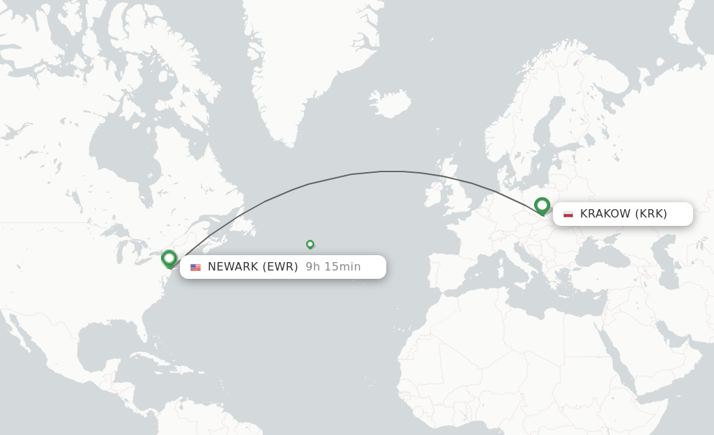Flights from Krakow to New York route map