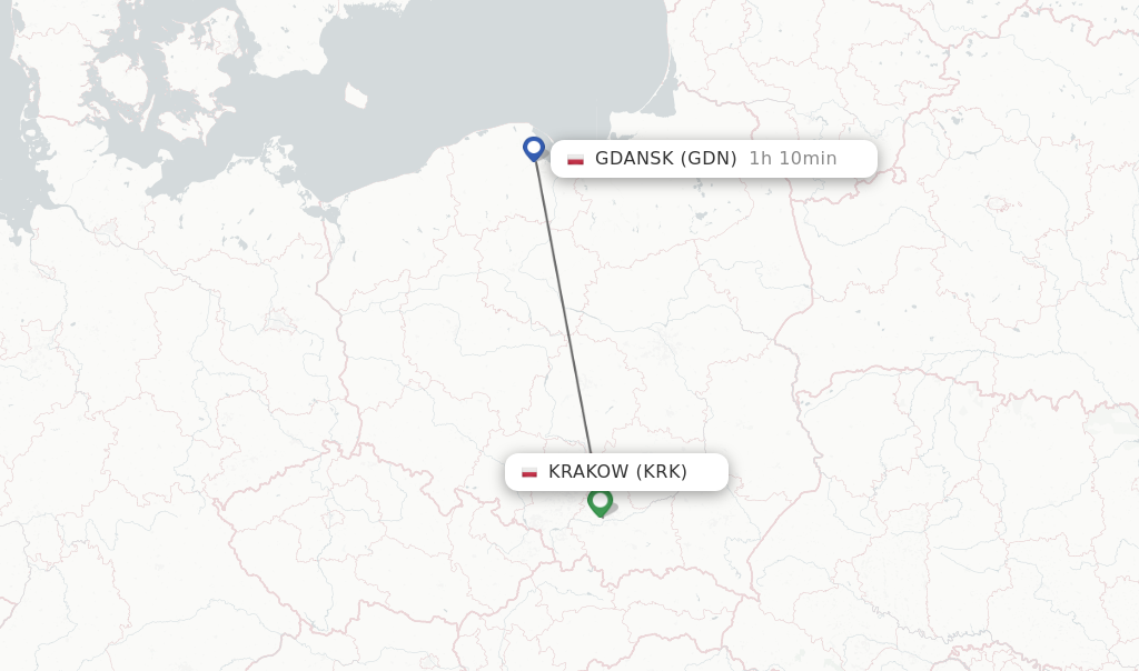 Flights from Krakow to Gdansk route map