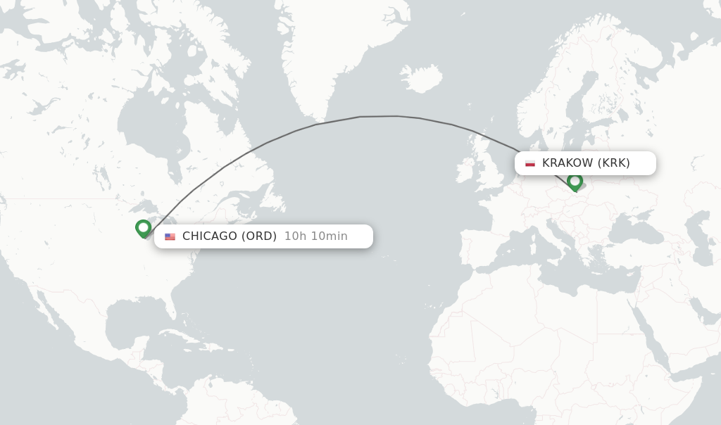 Flights from Krakow to Chicago route map