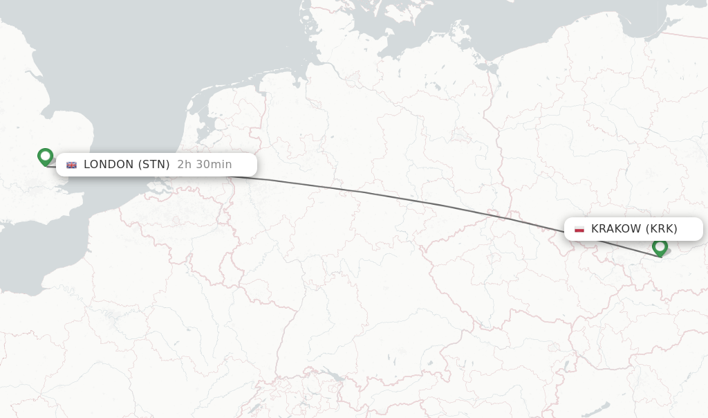 Flights from Krakow to London route map
