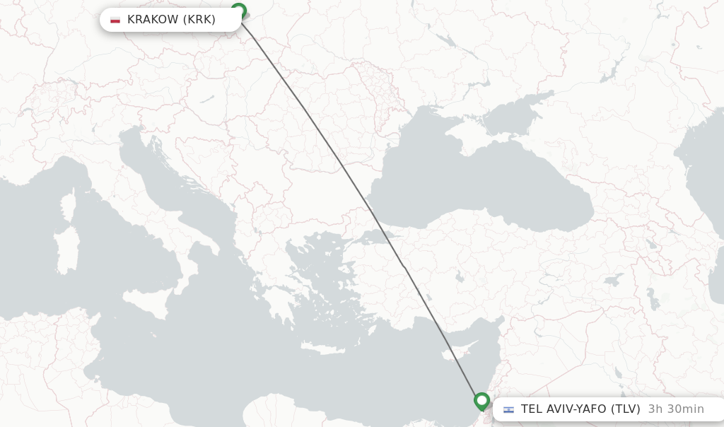 Flights from Krakow to Tel Aviv-Yafo route map