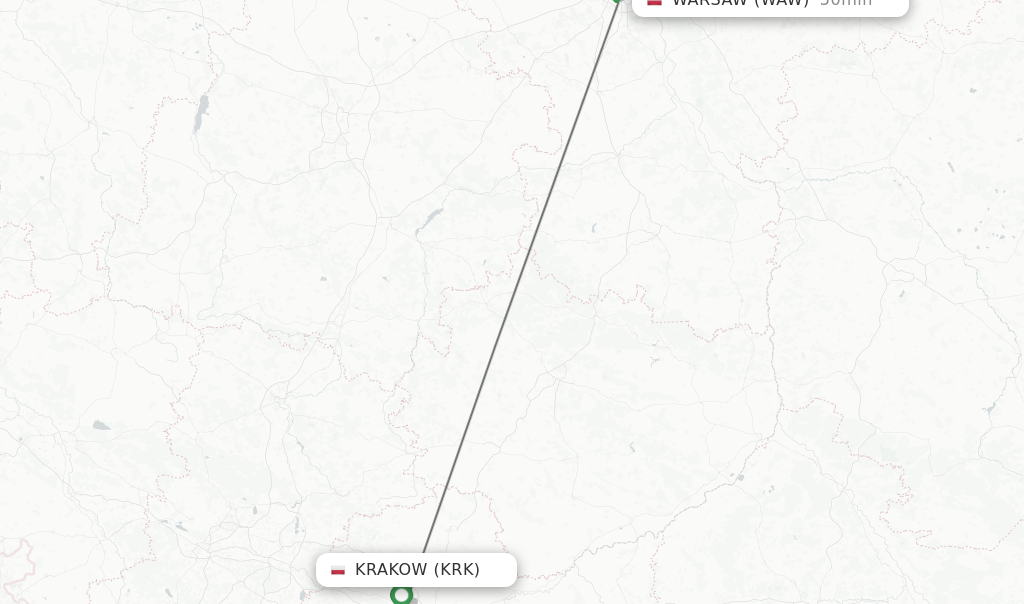 Flights from Krakow to Warsaw route map