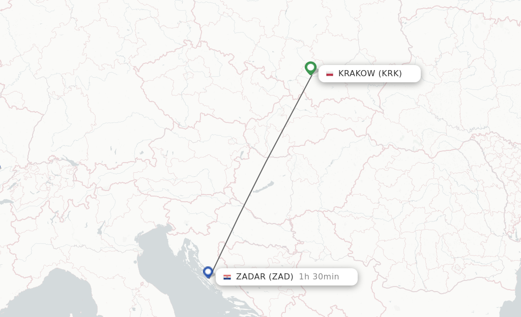 Flights from Krakow to Zadar route map