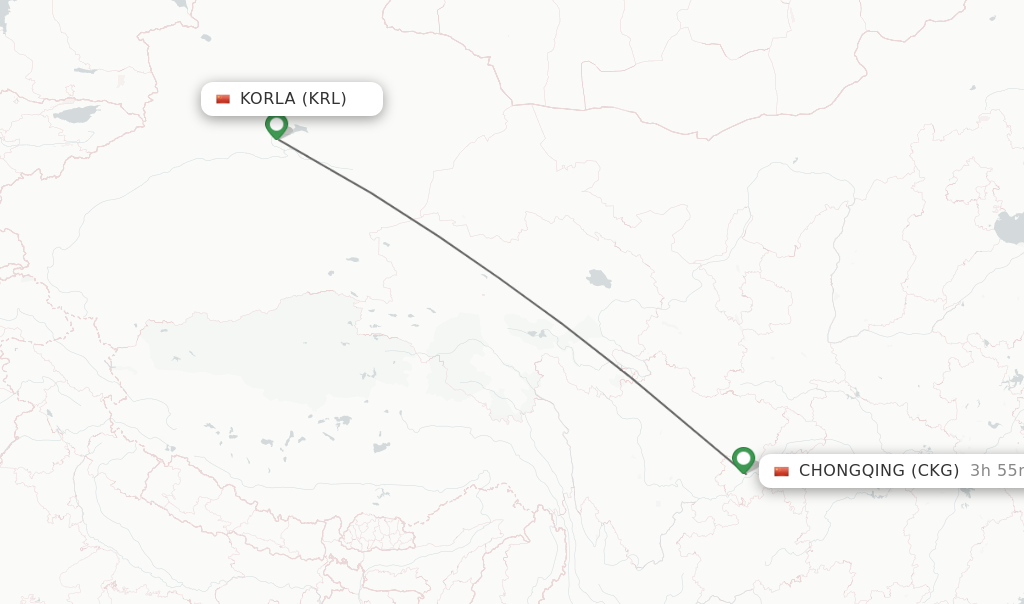 Flights from Korla to Chongqing route map