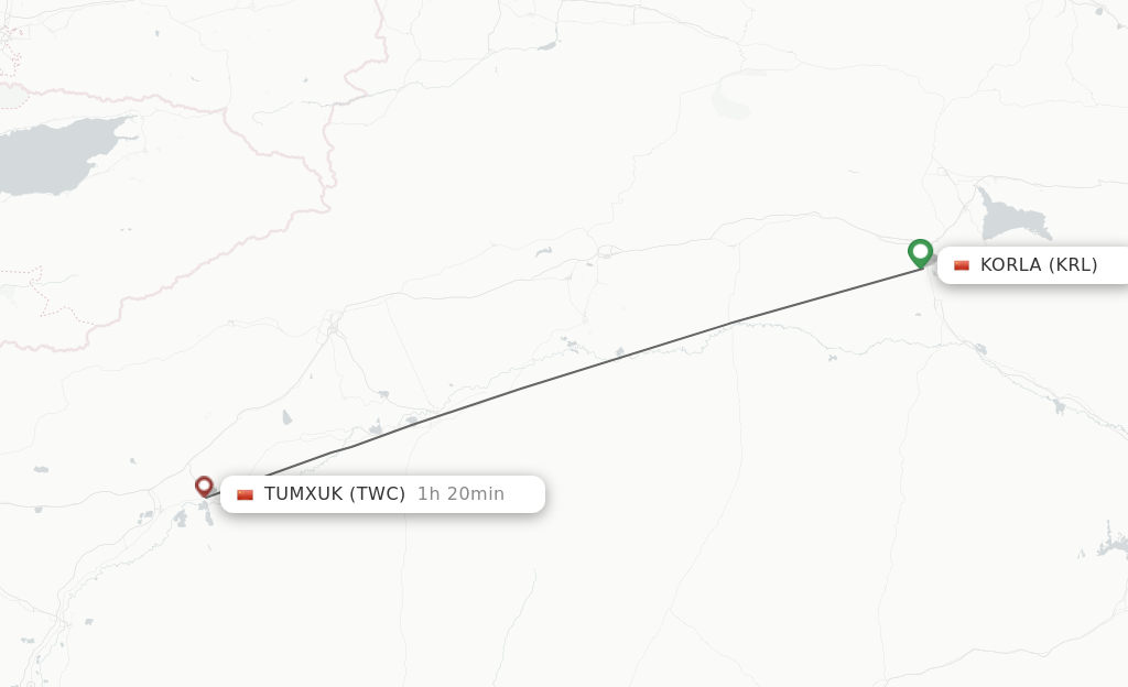 Flights from Korla to Tumushuke route map