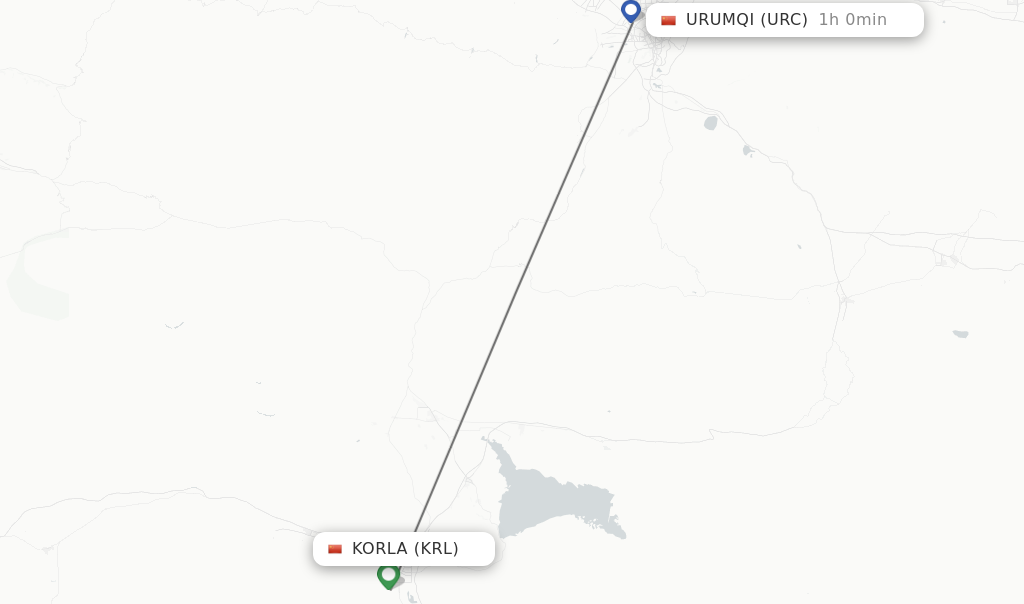 Flights from Korla to Urumqi route map