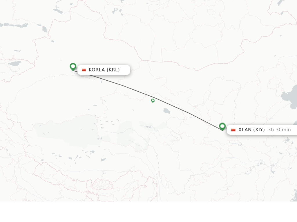 Flights from Korla to Xian route map