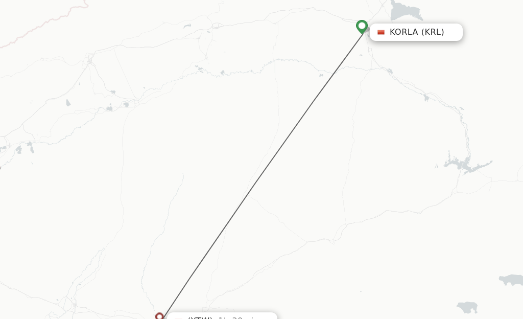 Flights from Korla to Yutian route map