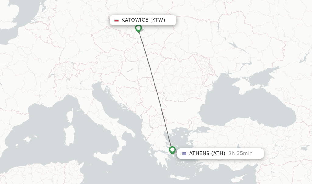 Flights from Katowice to Athens route map