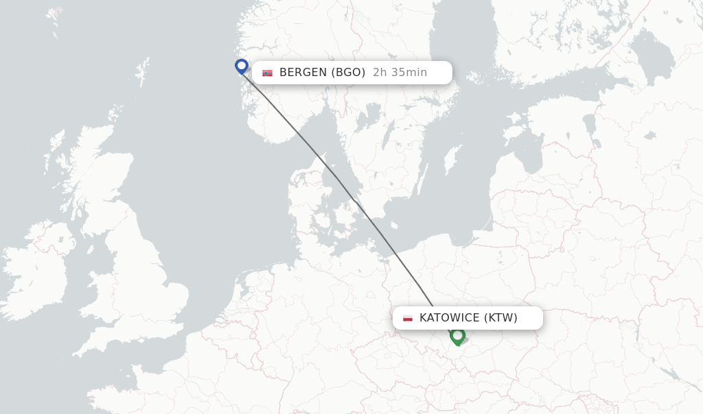 Flights from Katowice to Bergen route map