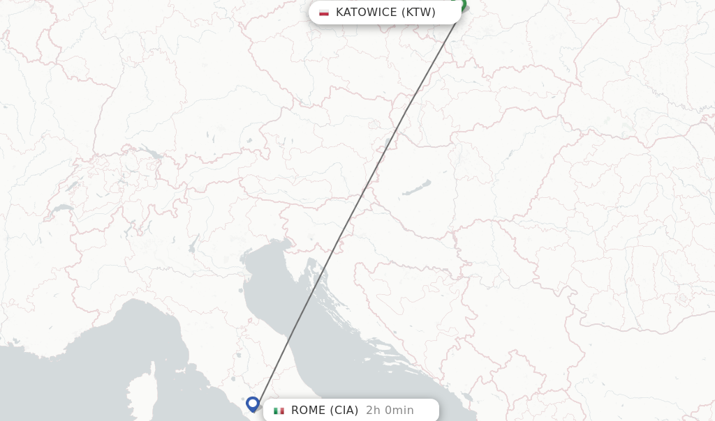 Flights from Katowice to Rome route map