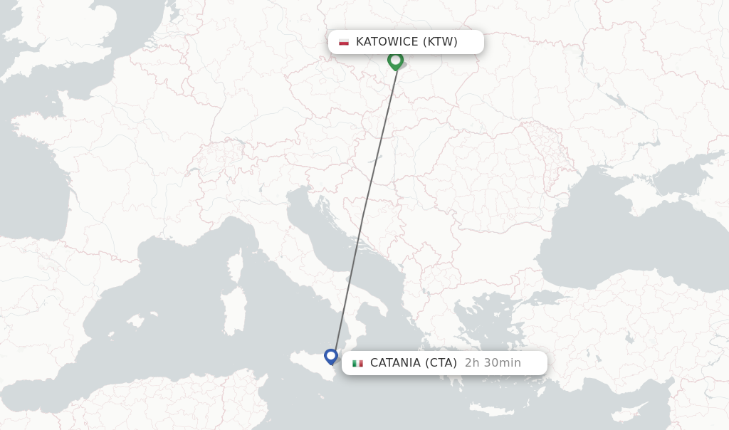 Flights from Katowice to Catania route map