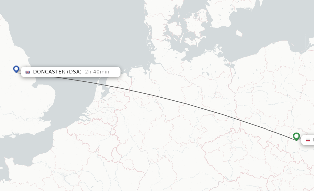 Flights from Katowice to Doncaster route map