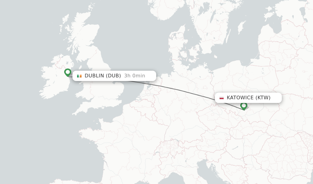 Flights from Katowice to Dublin route map