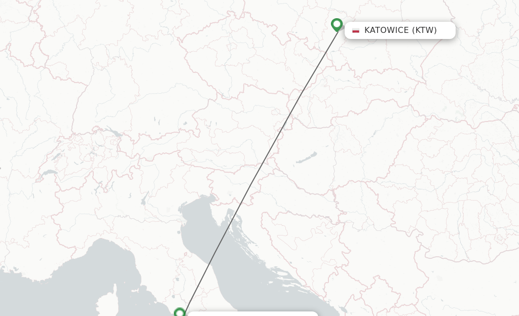 Flights from Katowice to Rome route map