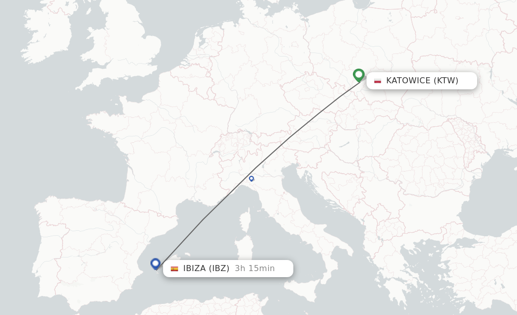 Flights from Katowice to Ibiza route map