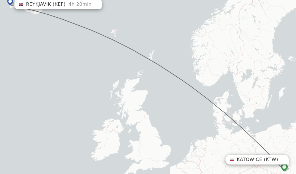 Flights from Katowice to Reykjavik route map