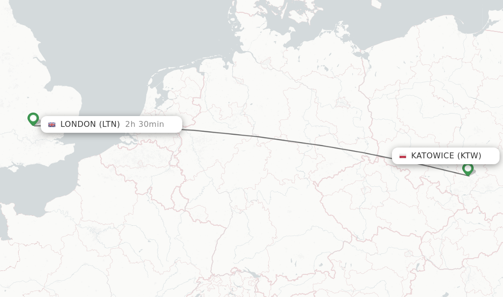 Flights from Katowice to London route map