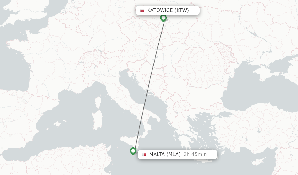 Flights from Katowice to Malta route map